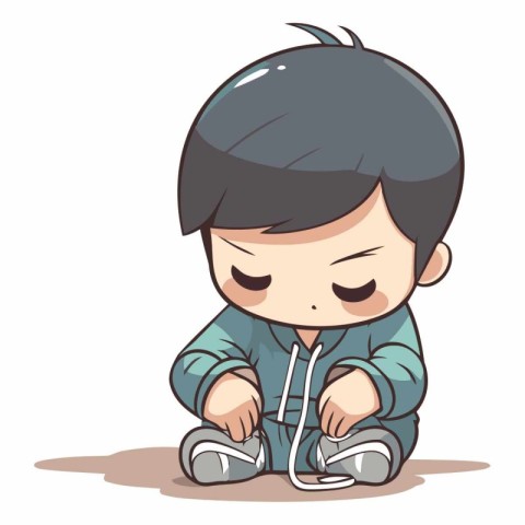 Illustration of a Kid Boy Wearing a Shoe Sitting Down