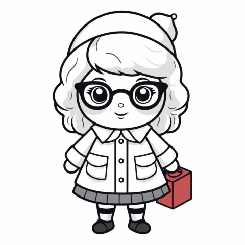 Cute cartoon girl in glasses with a book.