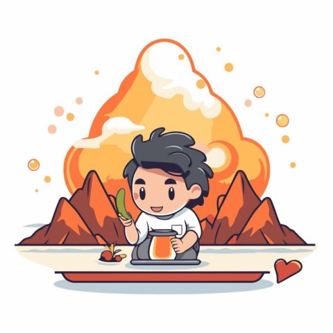 Cute boy with teapot and mountains.