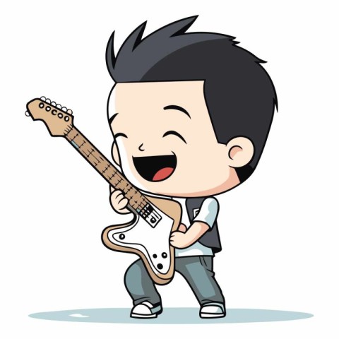 Cartoon boy playing the electric guitar. Vector clip art illustr