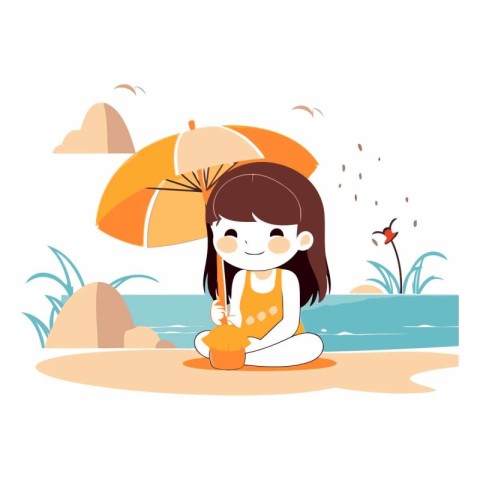 Cute little girl sitting on the beach under an umbrella