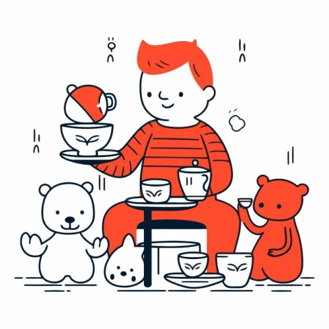 Vector illustration of a boy with a cup of tea and bears.