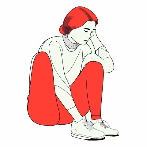 Illustration of a sad young woman sitting on the floor