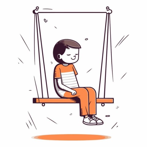 Cute boy sitting on swing in cartoon style.