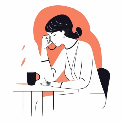 Woman sitting at the table and drinking coffee in flat style