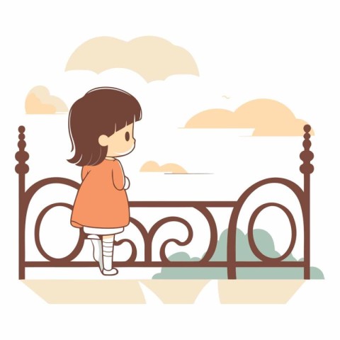 Vector illustration of a little girl standing on the balcony and