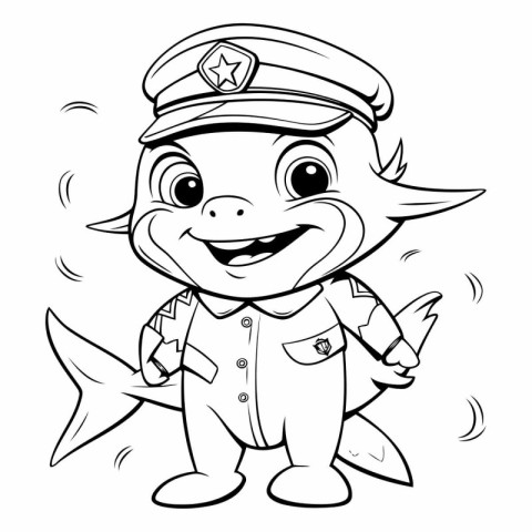 Black and White Cartoon Illustration of a Little Fish Police Off