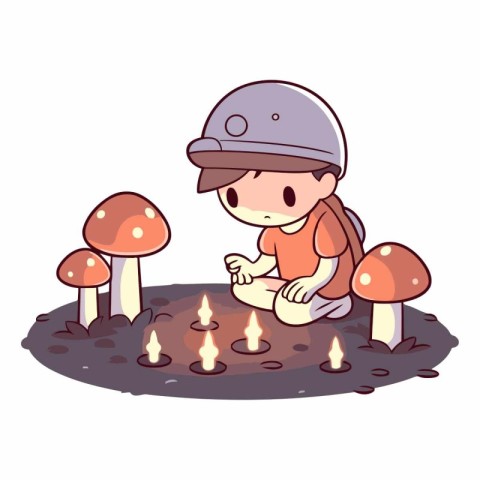 Little boy playing in mushroom garden. Cute cartoon vector illus