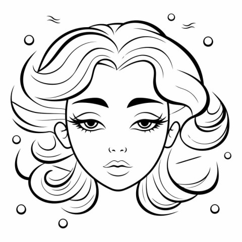 Black and White Cartoon Illustration of Beautiful Woman Face wit