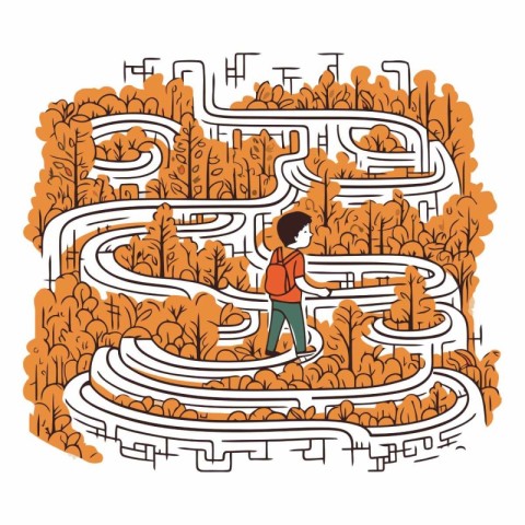 Vector illustration of a man walking through a labyrinth in autu