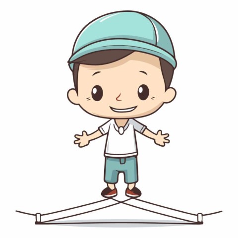 Little boy playing hopscotch on white background.