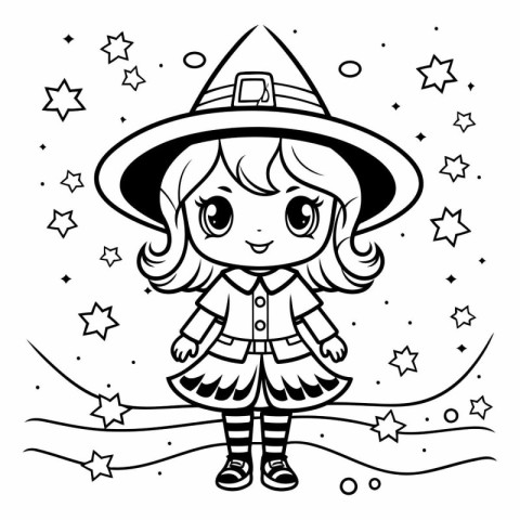 Cute little witch girl. Black and white vector illustration for