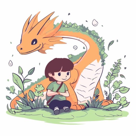 Cute little boy sitting on the grass with dragon.