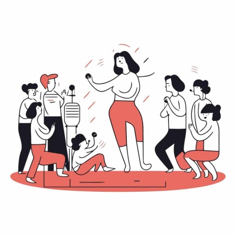 Vector illustration of a group of people singing. dancing and ha