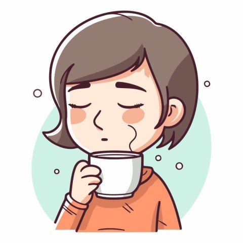 Illustration of a Girl Drinking a Cup of Hot Tea or Coffee