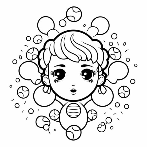 Coloring book for children: girl with bees and bubbles.