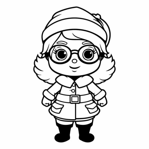 Black and White Cartoon Illustration of Cute Little Girl Wearing