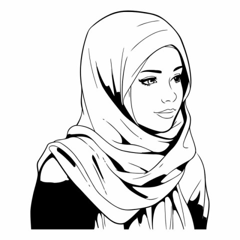 Beautiful Muslim woman in hijab vector illustration. Black and w