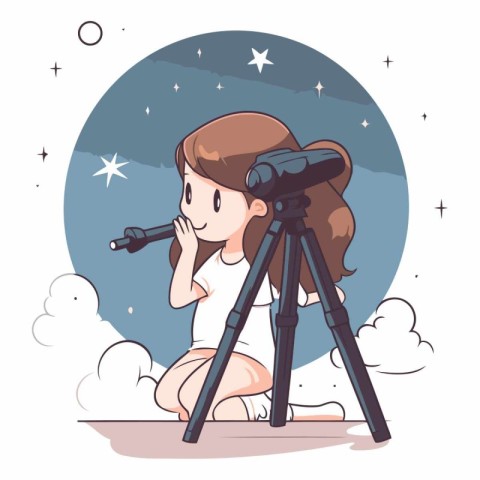 Cute girl with telescope in flat cartoon style.