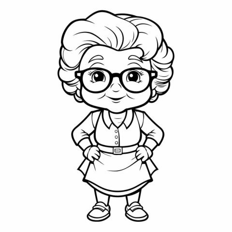 Cute Cartoon Grandmother - Black and White Vector Illustration.