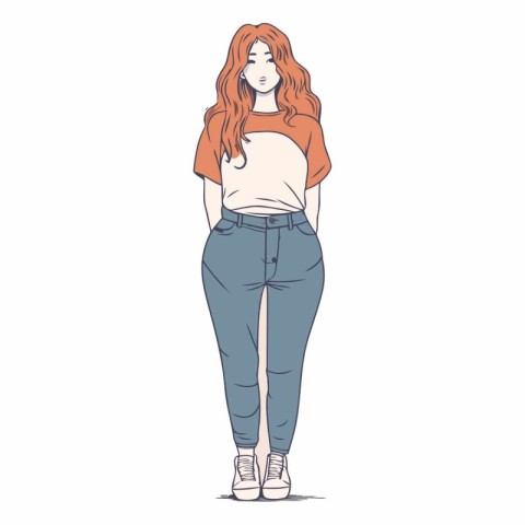 Vector illustration of a red-haired girl in jeans and a T-shirt.