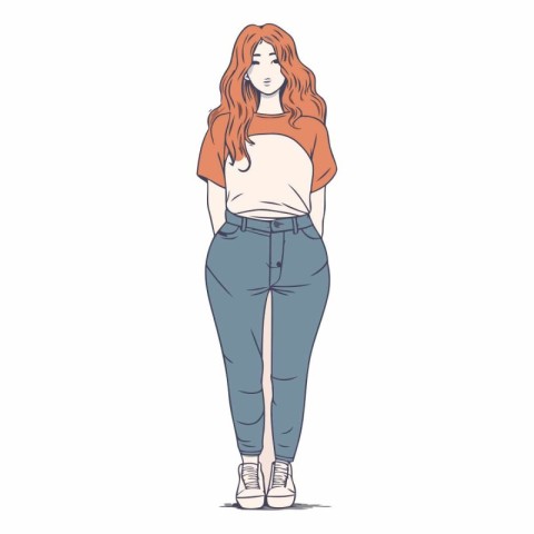 Vector illustration of a red-haired girl in jeans and a T-shirt.