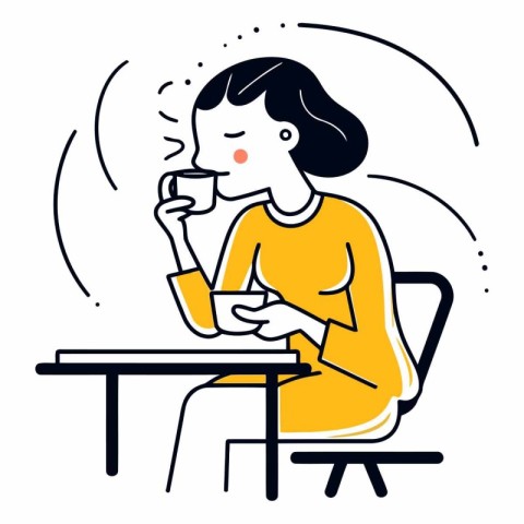 Vector illustration of a woman sitting at a table and drinking c