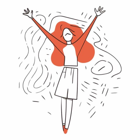 Girl with raised hands in doodle style.