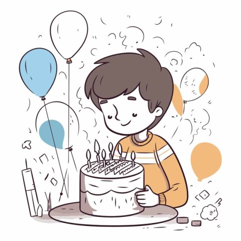 Illustration of a boy celebrating his birthday with a cake and b