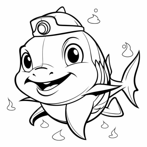 Black and White Cartoon Illustration of Cute Fish Character for