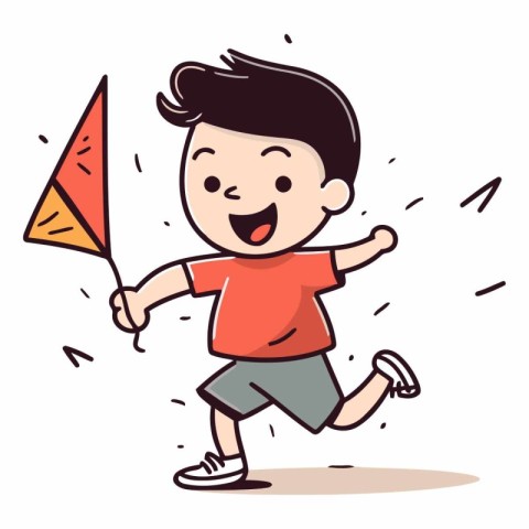 Happy boy playing with kite in cartoon style.