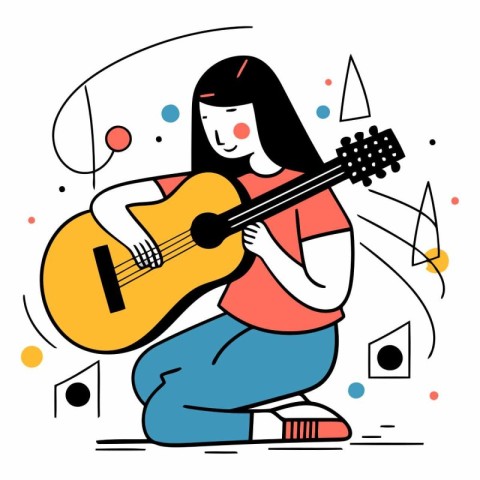 Vector illustration of a girl playing the guitar. Line art style