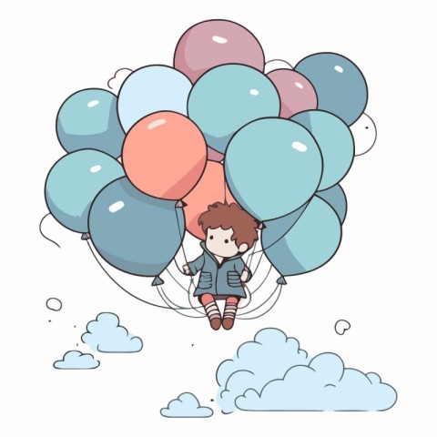 cute little boy flying in the clouds with balloons vector illust