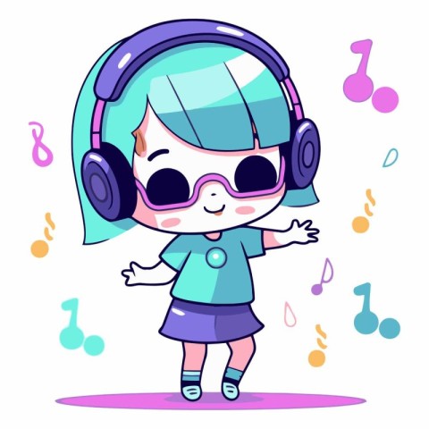 Cute little girl listening to music with headphones.