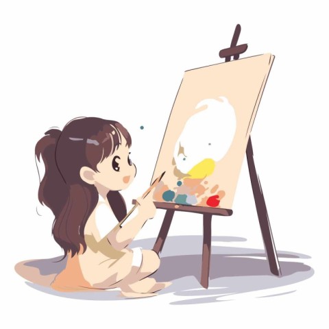 Cute little girl painting a picture on the easel