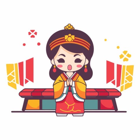 Cute Chinese girl in traditional clothes in cartoon style.