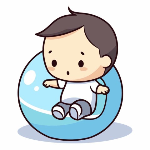 Cute baby boy sitting on the inflatable ball.