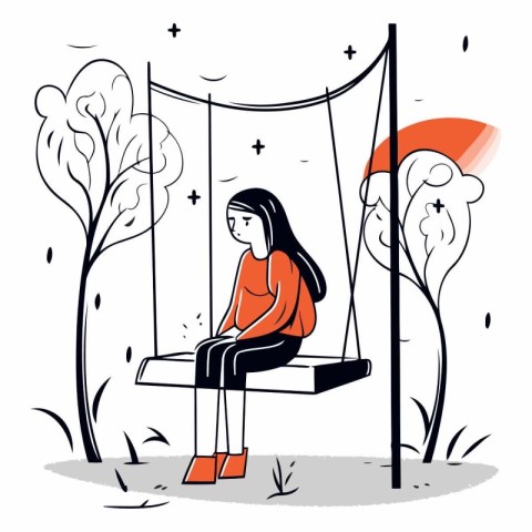 Girl sitting on a swing in the park. Vector hand drawn illustrat