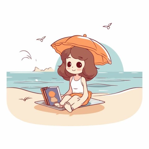 Cute little girl reading book on the beach.