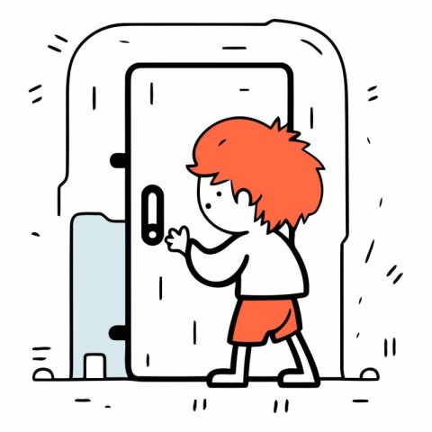 Cartoon boy opening the door of a child coming out of the door.