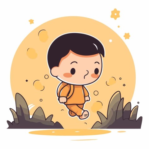 cute boy running on the grass with moon and stars vector illustr