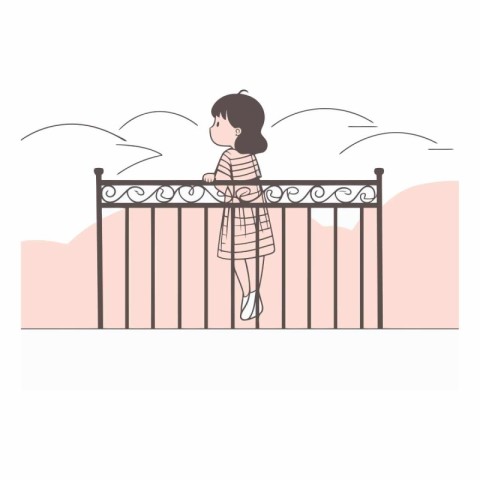 Illustration of a little girl standing on the balcony in the mor