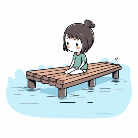 Girl sitting on a wooden pier in the water.