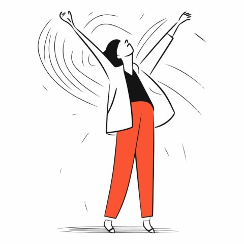 Vector illustration of happy young woman with raised hands celeb