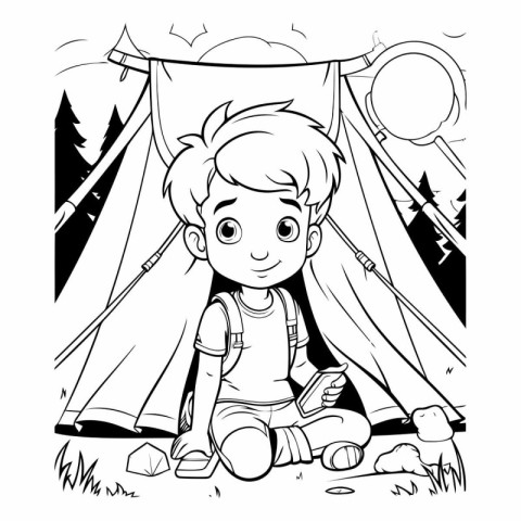 Cute little boy sitting in a tent for coloring book