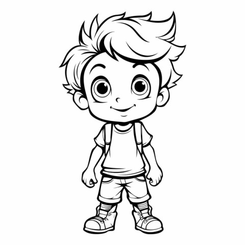 Cute Cartoon Boy with Backpack - Black and White Cartoon Illustr