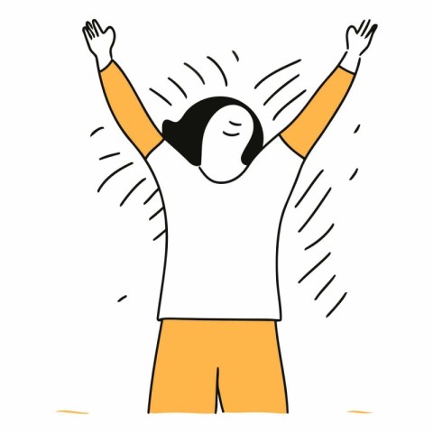 Happy man with raised hands in the air. Hand drawn vector illust