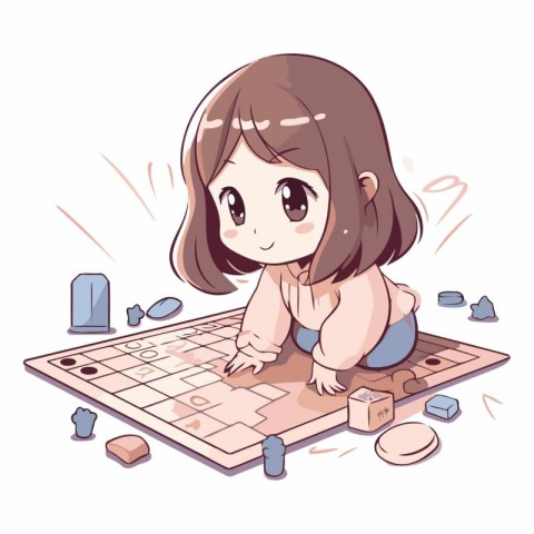 Cute little girl playing board game. Vector hand drawn illustrat