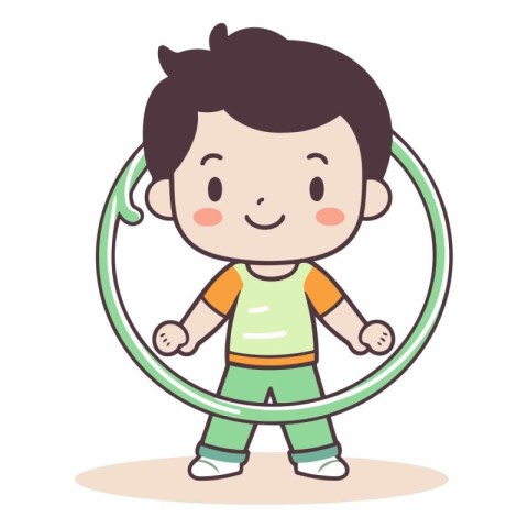 Cute boy doing fitness exercise with hoop. Vector cartoon illust