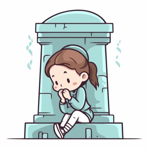 Cute little girl sitting in front of the monument.